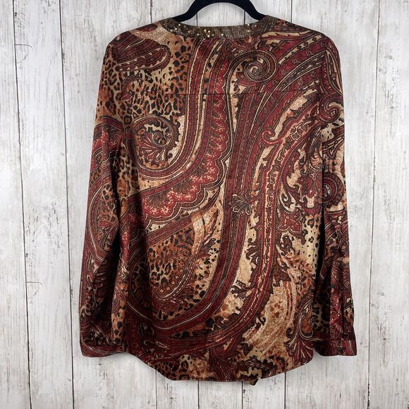Chicos Top Women 1 US M Multi Animal Paisley Satin Sequin Neck Blouse Tie Hem - Picture 8 of 10